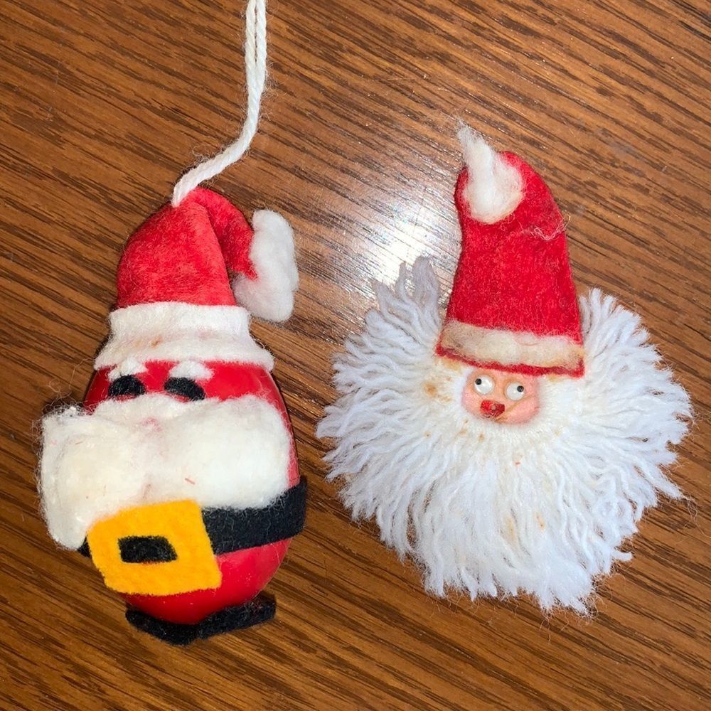 2 Kitschy Vtg handmade Santa Claus Christmas tree ornaments